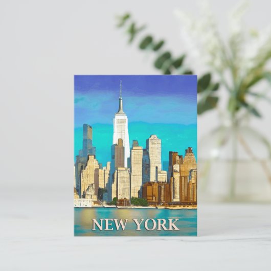 New York Skyline in Cobalt Blue und Tan Postkarte (Stehend Vorderseite)