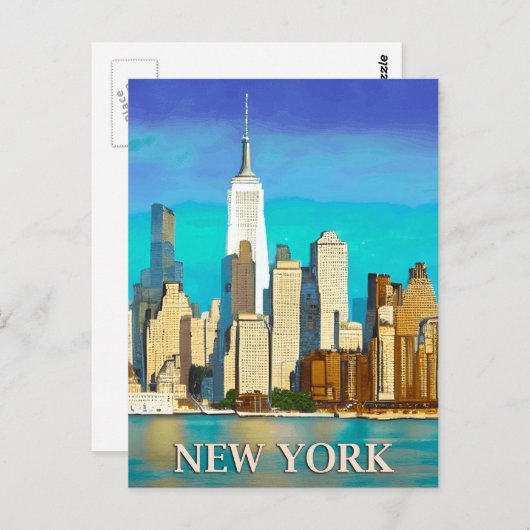New York Skyline in Cobalt Blue und Tan Postkarte (Vorne/Hinten)
