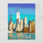 New York Skyline in Cobalt Blue und Tan Postkarte (Vorderseite)