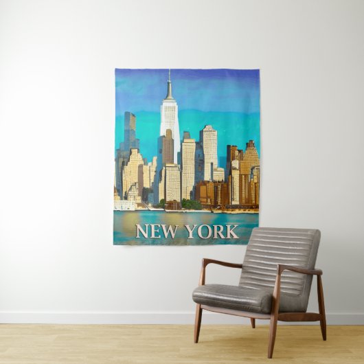New York Skyline in Cobalt Blue und Tan Wandteppich (Beispiel)