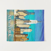 New York Skyline in Cobalt Blue und Tan Wandteppich (Vorderseite (Horizontal))