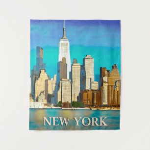 New York Skyline in Cobalt Blue und Tan Wandteppich