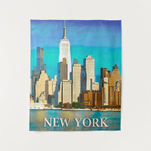 New York Skyline in Cobalt Blue und Tan Wandteppich (Vorderseite)