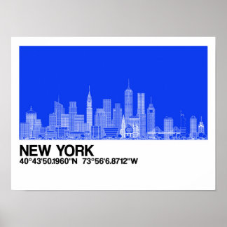 New York Skyline + Koordinaten in Blue Backgr. Poster