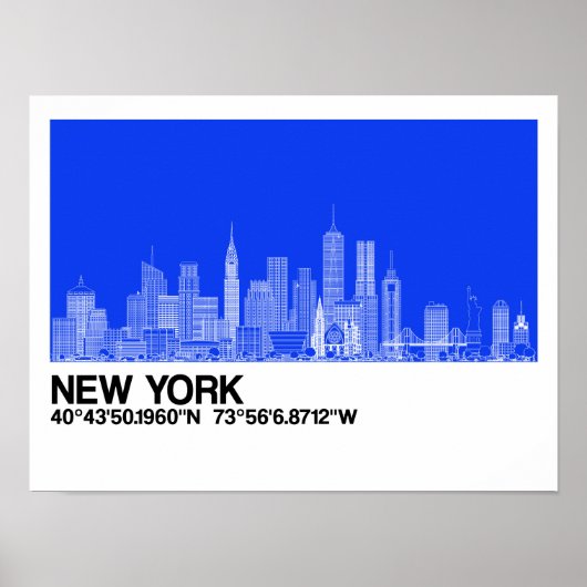 New York Skyline + Koordinaten in Blue Backgr. Poster (Vorne)