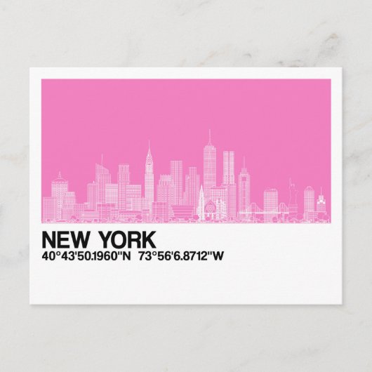 New York Skyline + Koordinaten in Rosa Postkarte (Vorderseite)