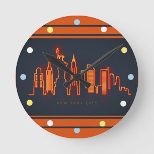 New York Skyline Orange Neon Look City Wall Runde Wanduhr