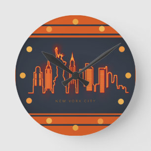 New York Skyline Orange Neon Look City Wall Runde Wanduhr