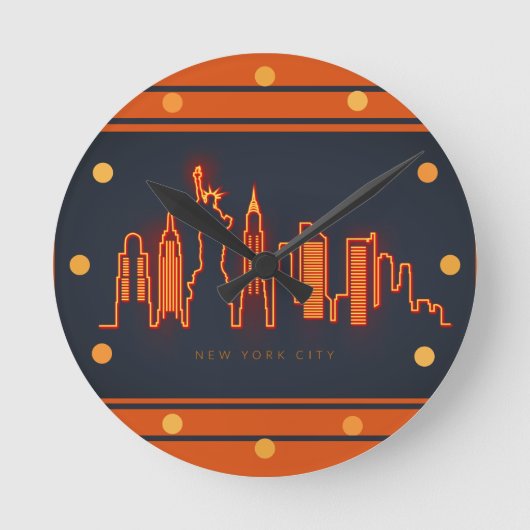 New York Skyline Orange Neon Look City Wall Runde Wanduhr (Vorderseite)
