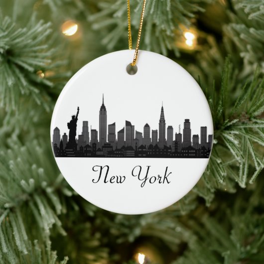 New York Skyline Silhouette Black Elegante Script Keramik Ornament (Baum)