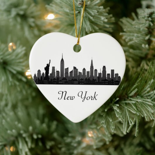 New York Skyline Silhouette Black Elegante Script Keramik Ornament (Baum)
