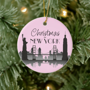 NEW YORK Skyline Silhouette Modern Pink Keramik Ornament