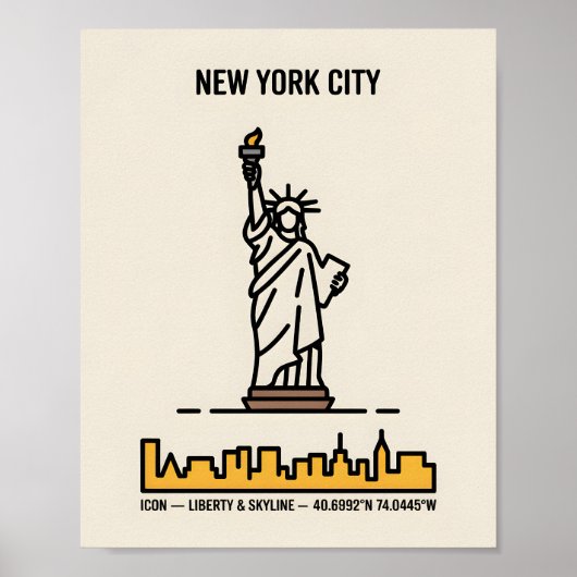 New York Skyline Statue of Liberty Bold Line Art Poster (Vorne)