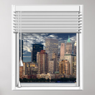 New York Skyline View Fake Window with Blinds Poster