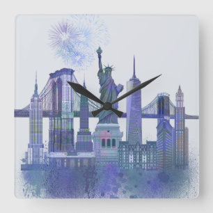 New York Skyline - Watercolor Blue Quadratische Wanduhr