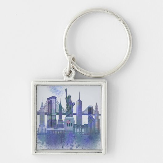 New York Skyline - Watercolor Blue Schlüsselanhänger (Vorne)