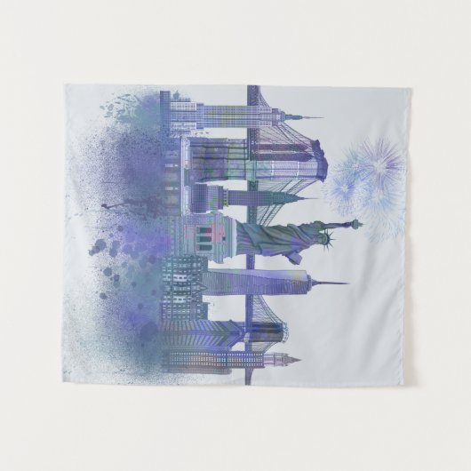 New York Skyline - Watercolor Blue Wandteppich (Vorderseite (Horizontal))