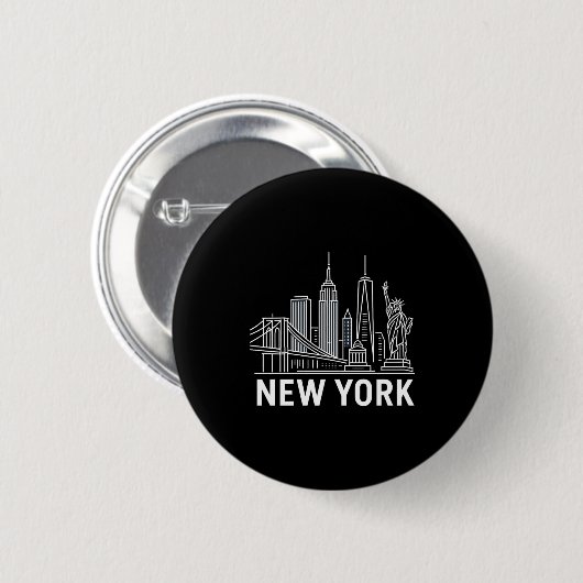 New York Skyline With Statue Of Liberty White Line Button (Vorne & Hinten)