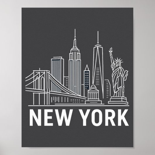 New York Skyline With Statue Of Liberty White Line Poster (Vorne)