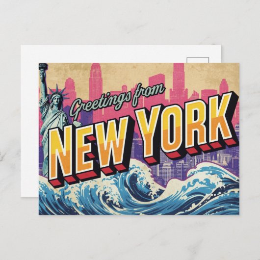 New York Statue Wave Skyline Postkarte (Vorne/Hinten)