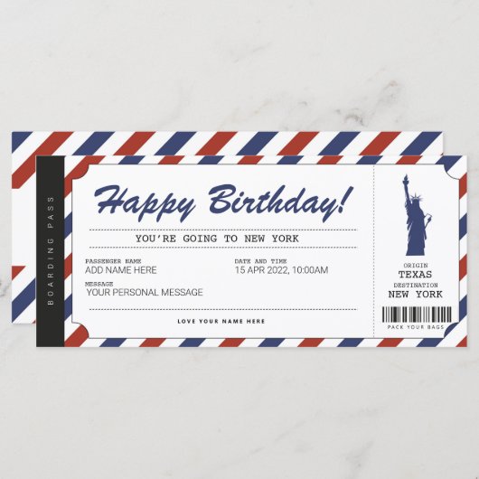 New York Trip Boarding Pass Ticket (Vorne/Hinten)