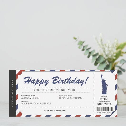 New York Trip Boarding Pass Ticket Einladung (Stehend Vorderseite)