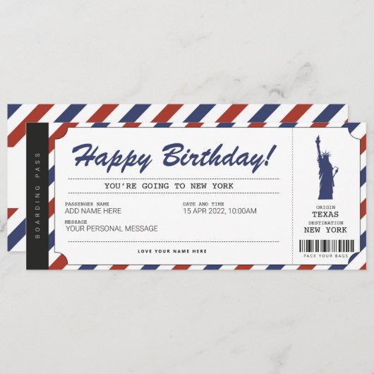 New York Trip Boarding Pass Ticket Einladung (Vorne/Hinten)