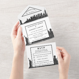 New York UAWG Watercolor Black Modern Wedding All In One Einladung