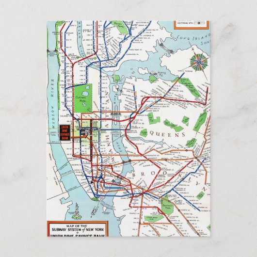 New York: Untergrundbahn Map, 1940 Postkarte (Vorderseite)