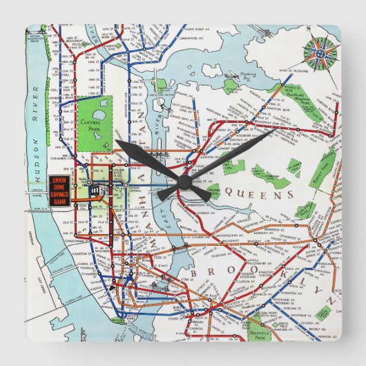 New York: Untergrundbahn Map, 1940 Quadratische Wanduhr (Vorderseite)