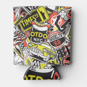 New York urban: Aufkleberpatchwork. Dosenkühler