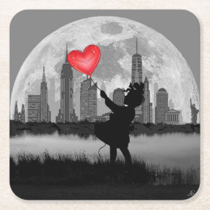 NEW YORK Vollmond Mädchen Herz Ballon Papier Unter Rechteckiger Pappuntersetzer