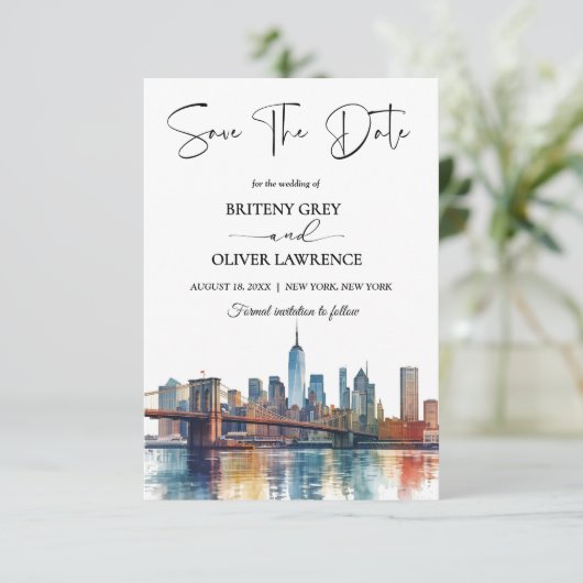 New York Watercolor Skyline Destination Save The Date (Stehend Vorderseite)