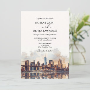 New York Watercolor Skyline Hochzeit in Urlaubsort Einladung