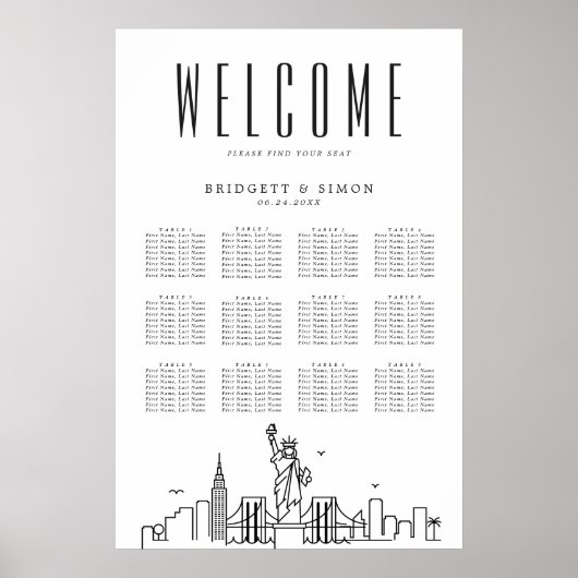 New York Wedding | 12 Tabelle Sitzplan Poster (Vorne)
