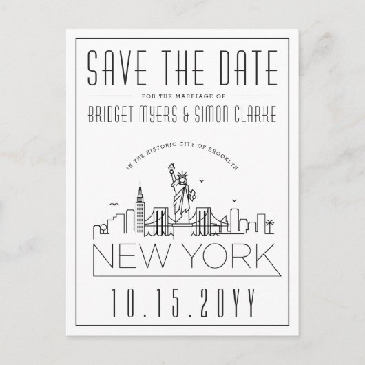 New York Wedding | Stilisierte Skyline Save the Da Postkarte (Vorderseite)
