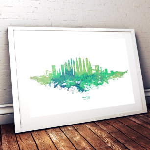 New Yorker Skyline Aquarell in Blau und Grün Fotodruck