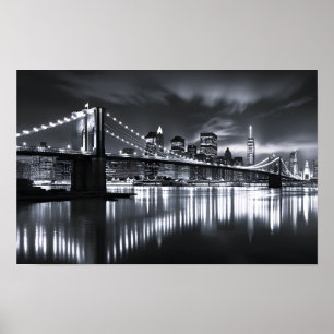 New Yorker Skyline Brooklyn Bridge Monochrom Nacht Poster