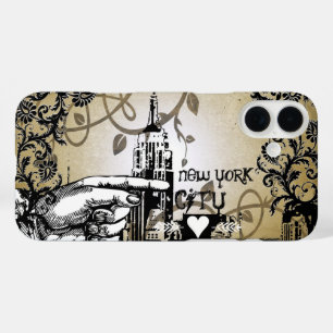 New Yorker Skyline Damast verbrannte Reben iPhone- iPhone 16 Plus Hülle