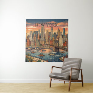 New Yorker Skyline Reise Kunst Vintage Wandteppich