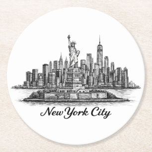 New Yorker Stadtsilhouette Linienkunst Illustratio Runder Pappuntersetzer
