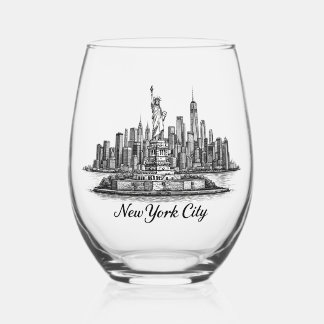 New Yorker Stadtsilhouette Linienkunst Illustratio Weinglas Ohne Stiel