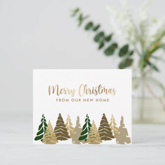 New Zuhause Christmas Trees Gold Green Holiday Mov Ankündigungspostkarte (Stehend Vorderseite)