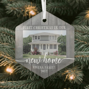 New Zuhause First Christmas 1 Foto Imitate Grau Wo Ornament Aus Glas