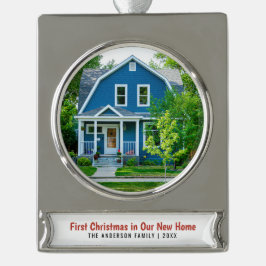 New Zuhause House Foto First Christmas Banner-Ornament Silber