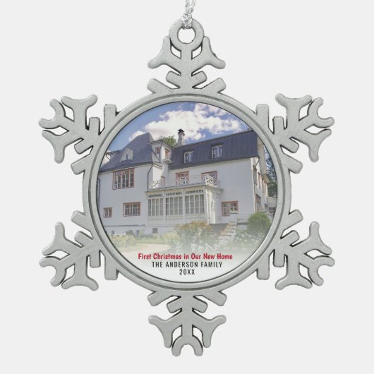 New Zuhause House Foto First Christmas Schneeflocken Zinn-Ornament (Vorderseite)