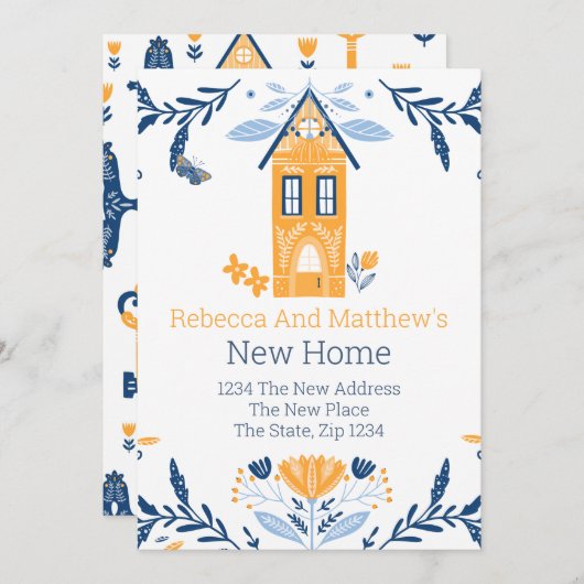 New Zuhause Hyge Blue Yellow House und Blume Einladung (Vorne/Hinten)