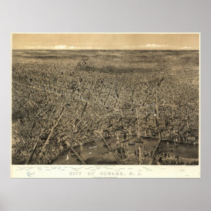 Newark New Jersey 1874 Antique Panoramabalkarte Poster