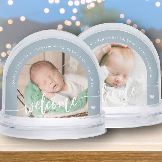 Newborn boy baby 2 photo welcome script keepsake schneekugeln