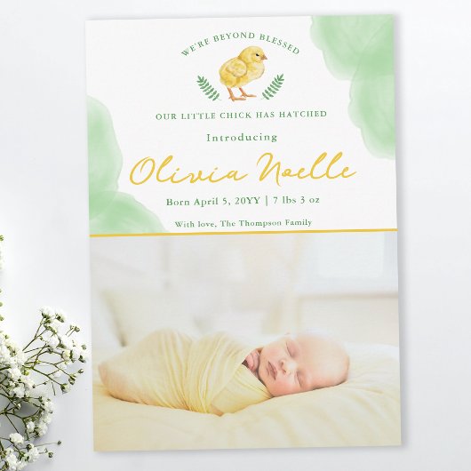 Newborn Spring Baby Photo Announcement With Chick Karte